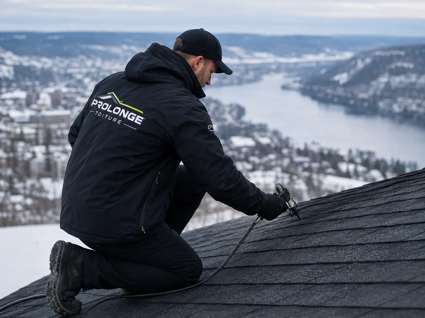 Technicien Prolonge Toiture appliquant un traitement de protection sur une toiture