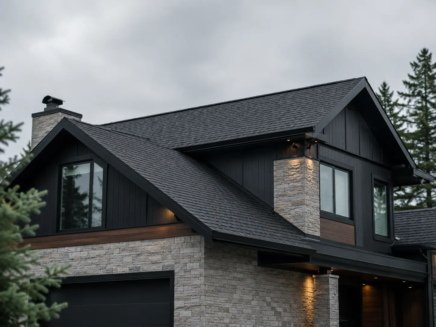Maison québécoise avec une toiture en bardeaux foncés